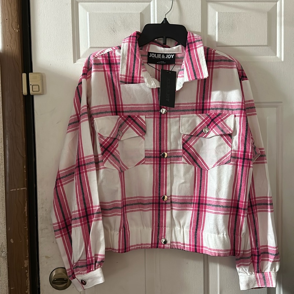 JOLIE AND JOY PLAID CROPPED JACKET: PINK/WHITE: NEW WITH TAGS:SIZE LARGE